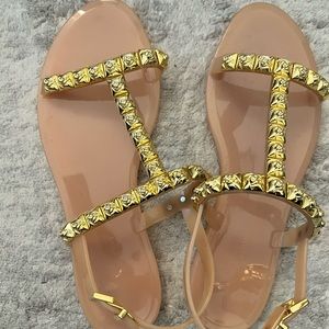 Stuart Weitzman Nude and Gold studded sandals. New.